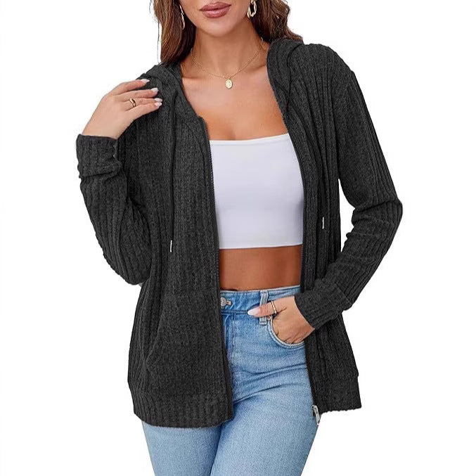 Damen Strick-Kapuzenjacke mit Reißverschluss, Waffelstruktur und Eingrifftaschen Shop Nory