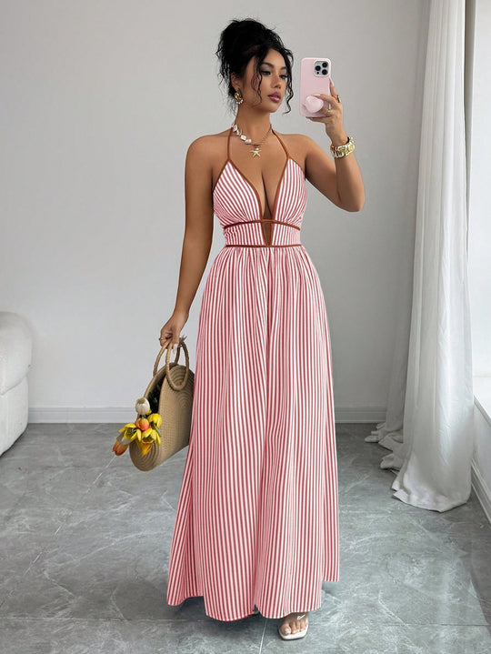 Damen Gestreiftes Neckholder-Maxikleid mit tiefem V-Ausschnitt und Taillen-Cut-Out Shop Nory