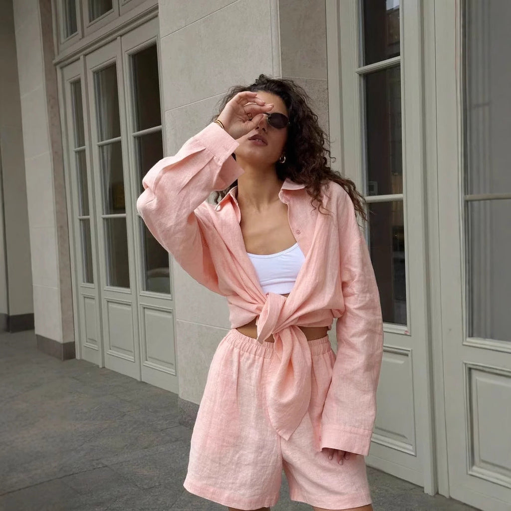 Damen lässige Leinenbluse und Shorts Set