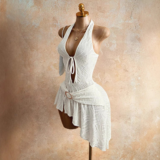 Damen nan figurbetontes Neckholder-Minikleid mit Schnürung, Cut-Out und asymmetrischem Wickelrock
