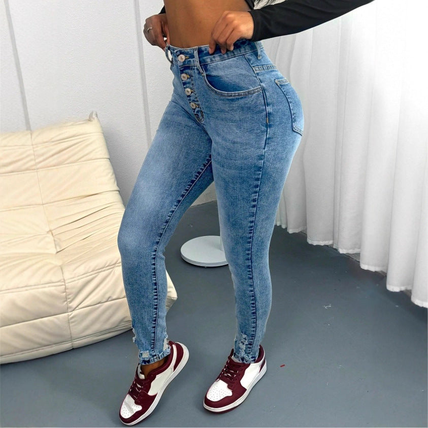 Damen hochtaillierte Sculpting-Skinny-Jeans mit sichtbarer Zierknopfleiste und knöchellanger sculptender Passform Shop Nory