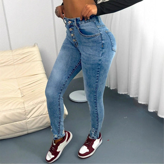 Damen hochtaillierte Sculpting-Skinny-Jeans mit sichtbarer Zierknopfleiste und knöchellanger sculptender Passform Shop Nory