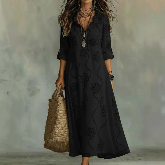 Damen Langes Boho-Maxikleid mit Blumenstickerei und V‑Ausschnitt Shop Nory