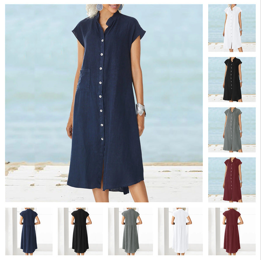 Damen lässiges Midi-Hemdkleid aus Leinen mit Knopfleiste und seitlichen Taschen