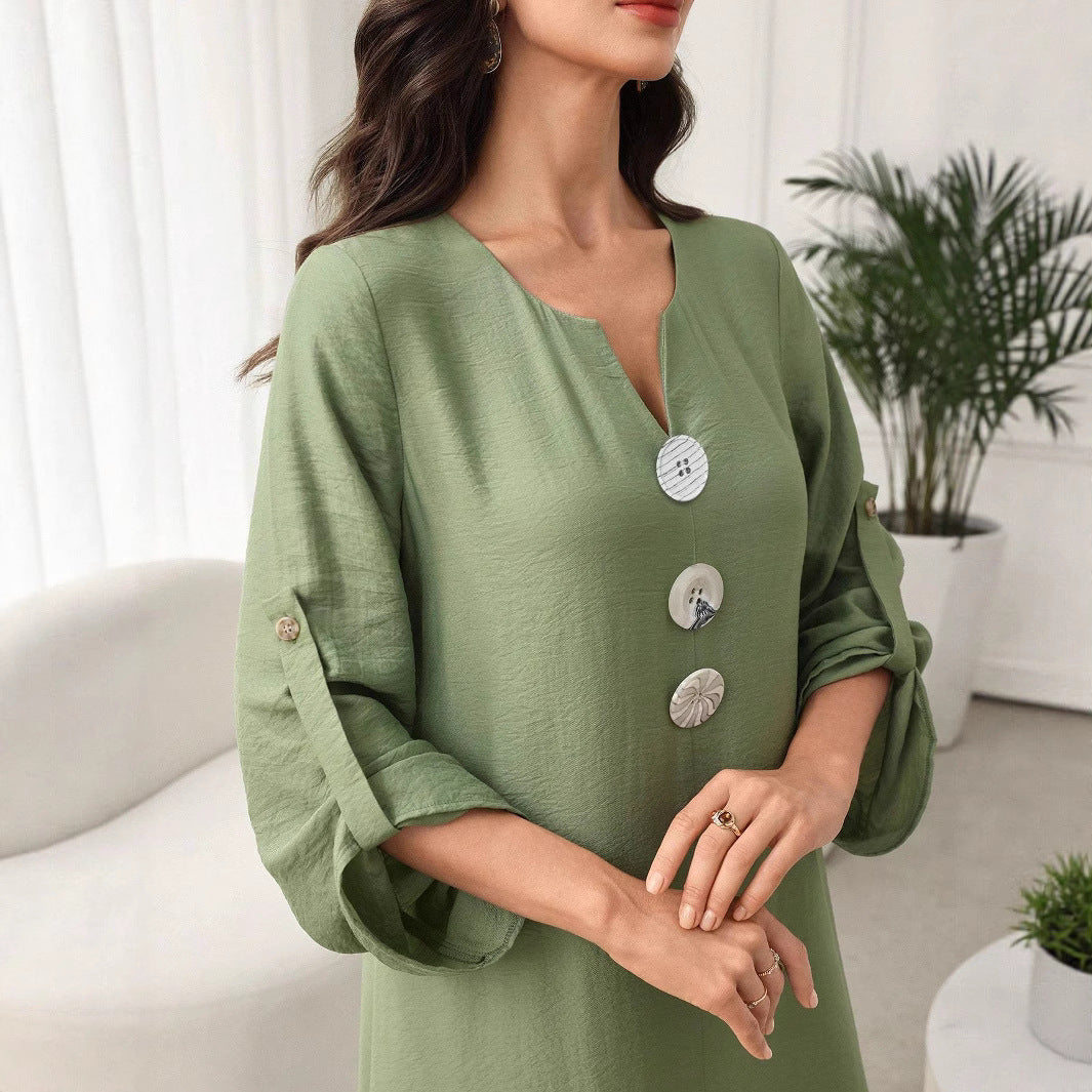 Damen Maxikleid mit Zierknöpfen, V-Ausschnitt und krempelbaren 3/4-Ärmeln Shop Nory