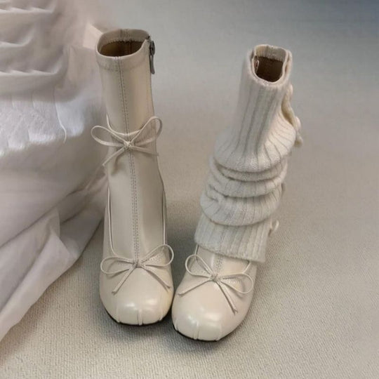 Damen mittelhohe Samtvelours‑Stiefeletten mit runder Zehenpartie, Ziernähten und dekorativen Schleifen Shop Nory
