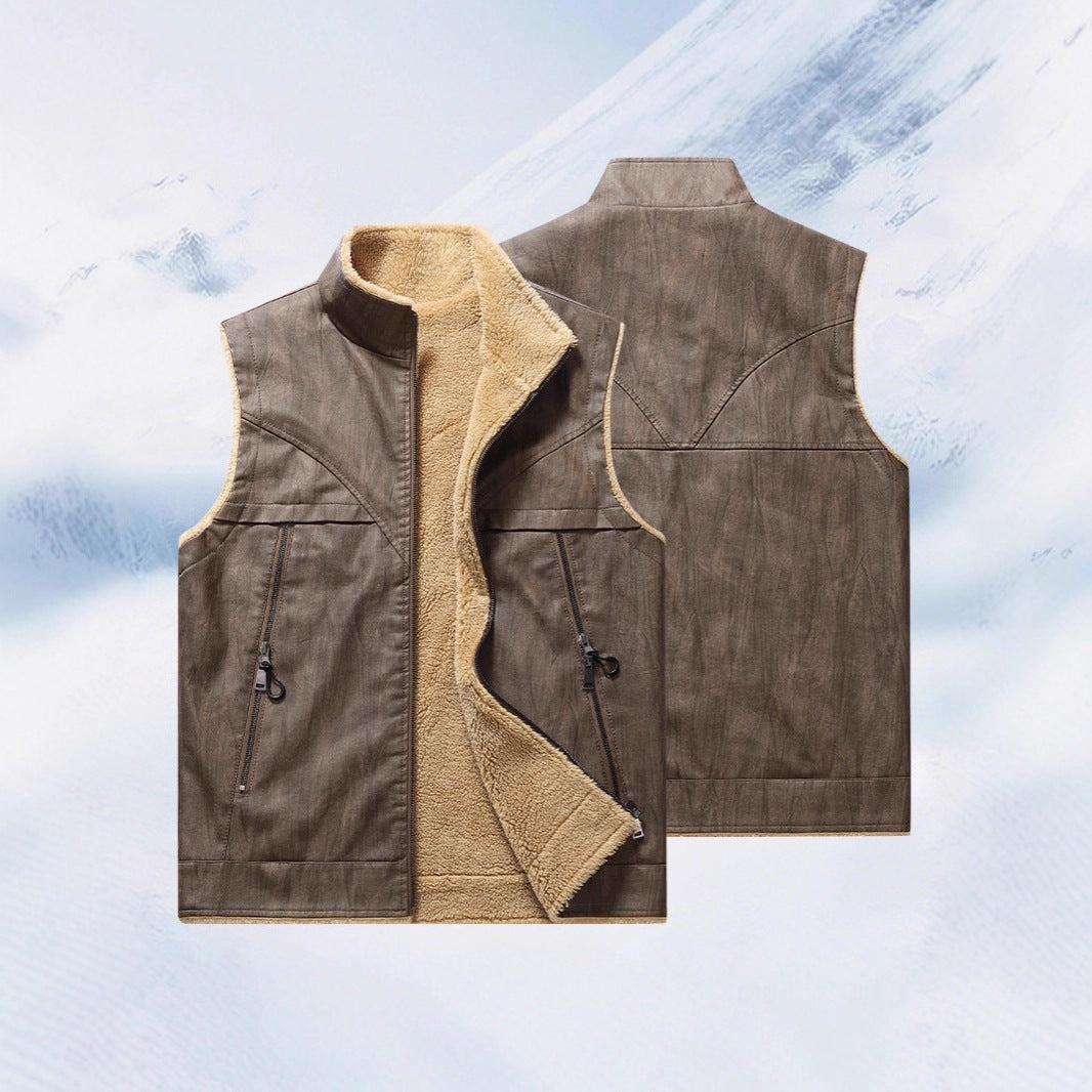 Herren Ärmellose Kunstleder-Teddyweste mit Stehkragen und Reißverschlusstaschen Shop Nory