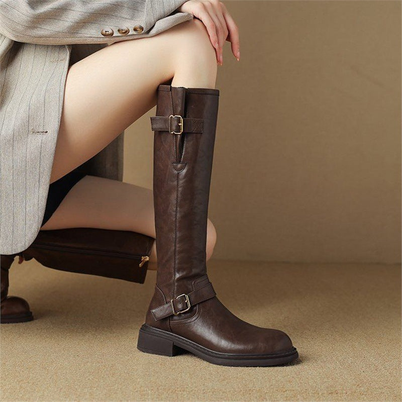Damen Kniehohe Lederoptik-Stiefel mit verstellbaren Zierschnallen Shop Nory