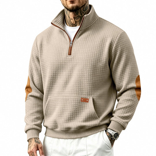 Herren Texturierter Halbzip-Sweat mit Waffelstruktur, Kängurutasche und Leder-Ellbogenbesatz Shop Nory