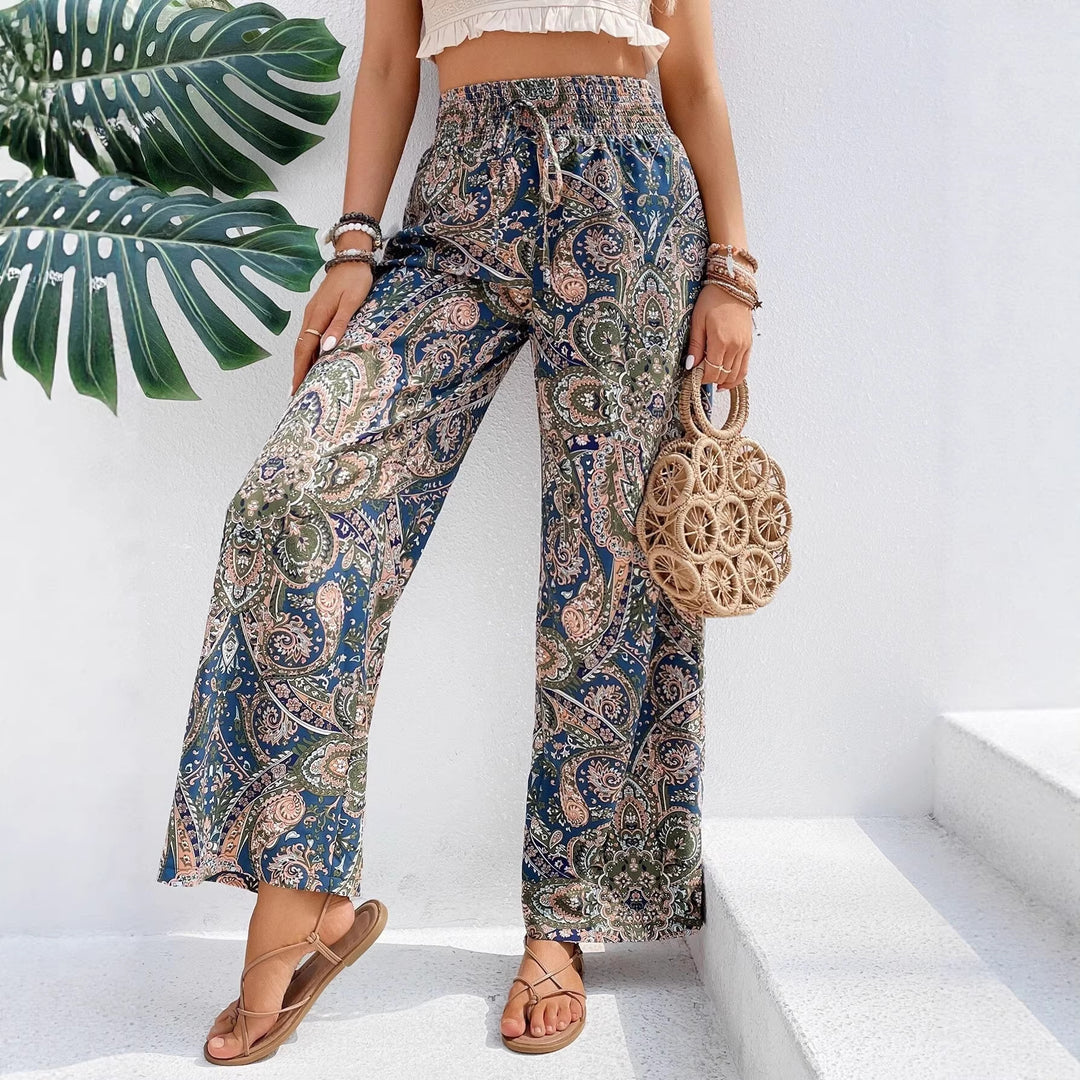 Damen Palazzo-Hose mit weitem Bein, elastischem Smockbund und Paisley-Print Shop Nory