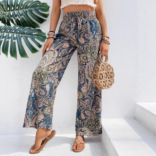 Damen Palazzo-Hose mit weitem Bein, elastischem Smockbund und Paisley-Print Shop Nory