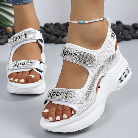 Damen Sportliche Plateausandalen mit Mesh-Obermaterial, Klettverschluss und Ziersteinen Shop Nory