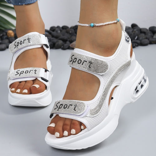 Damen Sportliche Plateausandalen mit Mesh-Obermaterial, Klettverschluss und Ziersteinen Shop Nory