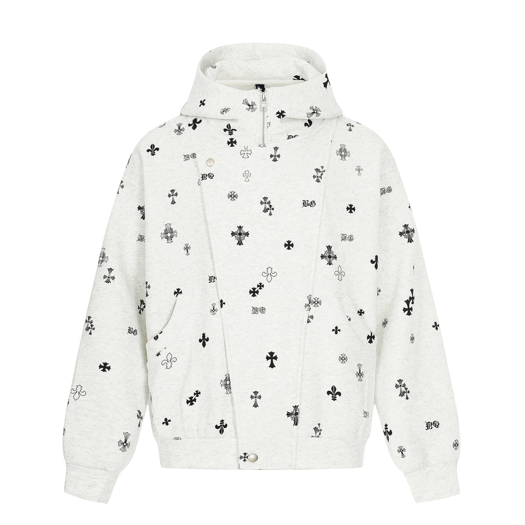 Unisex Boxy-Kapuzenjacke mit halbem Reißverschluss und Allover-Print Shop Nory