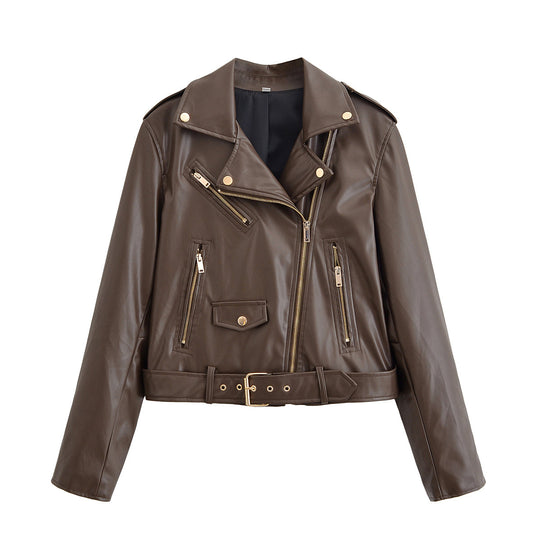 Damen Bikerjacke aus Lederimitat mit asymmetrischem Reißverschluss, Taillengürtel und goldfarbenen Details Shop Nory