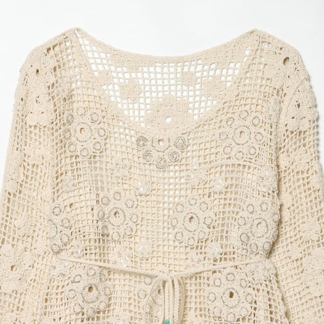 Damen Häkelpullover mit Blumen-Applikationen und Tunnelzug Shop Nory