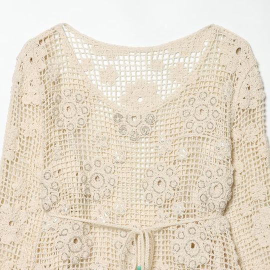 Damen Häkelpullover mit Blumen-Applikationen und Tunnelzug Shop Nory