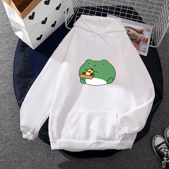 Damen nan gemütlicher Kapuzenpullover mit kawaii Frosch‑Pizza‑Motiv und oversized Relax‑Fit Shop Nory