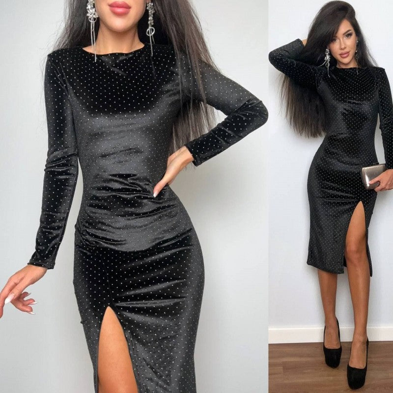 Damen Samt-Midikleid mit eleganten Pailletten und seitlichem Schlitz Shopnory