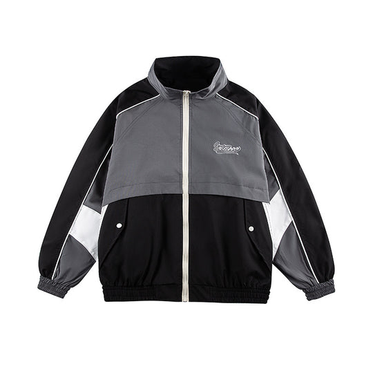 Unisex Kastig geschnittene Trackjacke im Retro-Sportstil mit hohem Stehkragen, Farbblock‑Einsätzen und elastischem Saum Shop Nory