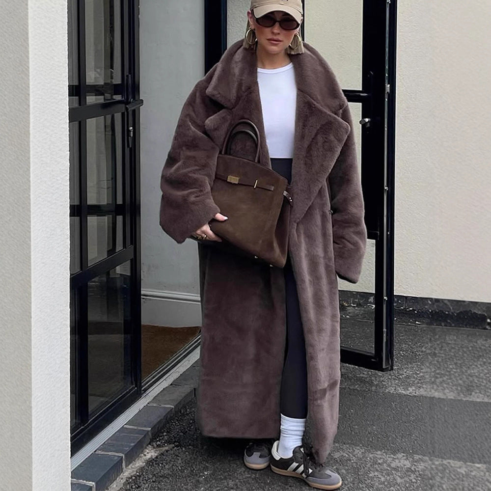 Damen Oversize Kunstfell-Maximantel mit weitem Revers Shop Nory