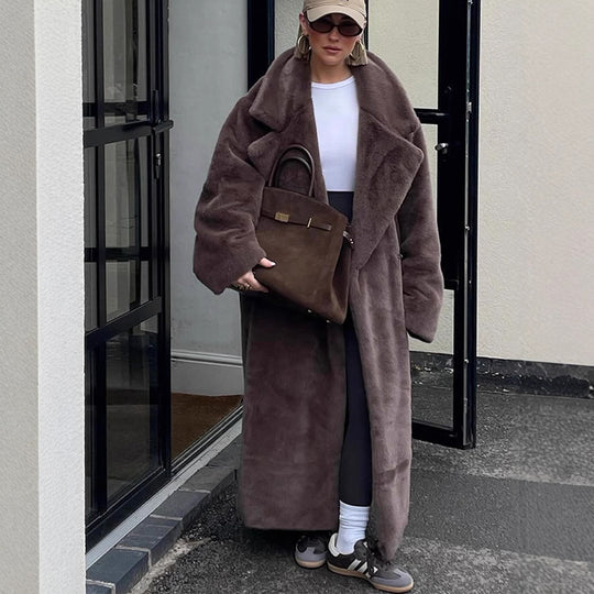 Damen Oversize Kunstfell-Maximantel mit weitem Revers Shop Nory