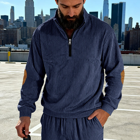 Herren Cord-Struktur-Halbzip-Pullover im Relaxed-Fit mit Stehkragen und Ellbogen-Patch Shop Nory