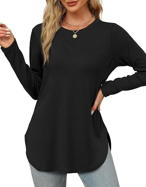 Damen Lässiges Longsleeve-Tunikaoberteil mit Rundhalsausschnitt, Seitenschlitzen und Aquarell-Blattprint Shop Nory