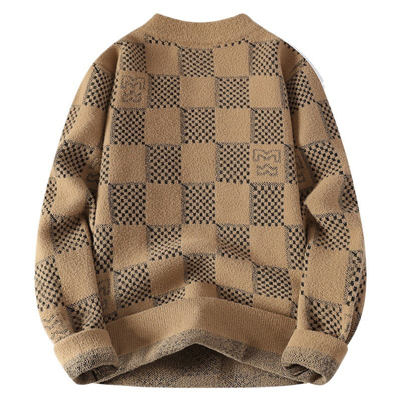 Herren karierter Oversize-Strickpullover mit Rundhalsausschnitt, weichem Feinstrick und strukturierter Jacquard-Musterung Shop Nory
