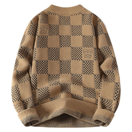 Herren karierter Oversize-Strickpullover mit Rundhalsausschnitt, weichem Feinstrick und strukturierter Jacquard-Musterung Shop Nory