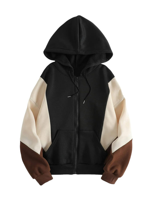 Damen Kapuzen‑Sweatjacke mit Farbblock, Reißverschluss und Kängurutasche Shop Nory