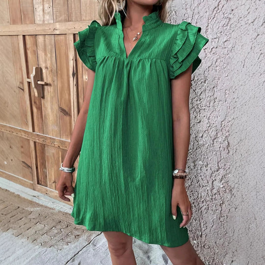 Damen Crinkle-Minikleid mit Stehkragen, V-Ausschnitt und Volantärmeln Shop Nory