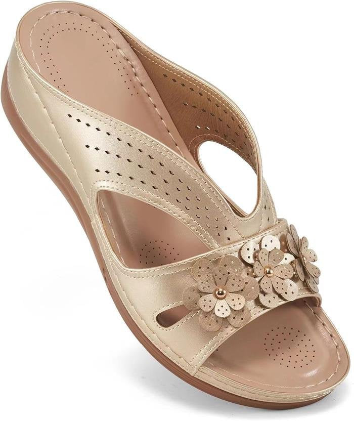 Damen Orthopädische Lederimitat-Pantolette mit Blumen‑Applikation und perforiertem Obermaterial Shop Nory