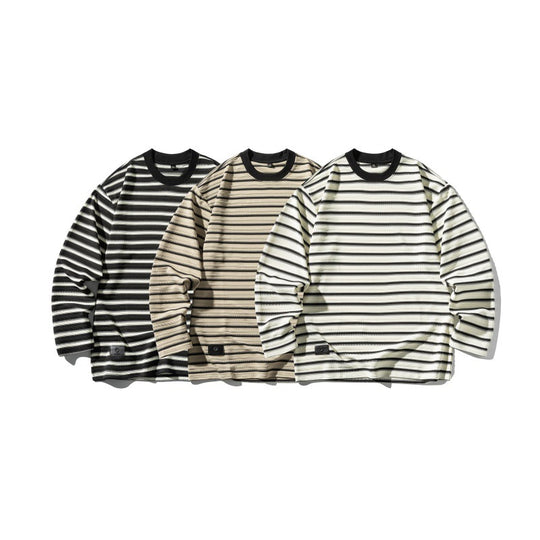 Unisex Gestreiftes Oversize-Langarmshirt aus Baumwollmix mit geripptem Rundhals Shop Nory