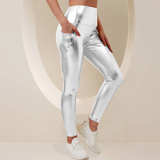 Damen Glänzende High-Waist Sculpting-Leggings mit seitlicher Multifunktions-Tasche Shopy Nory