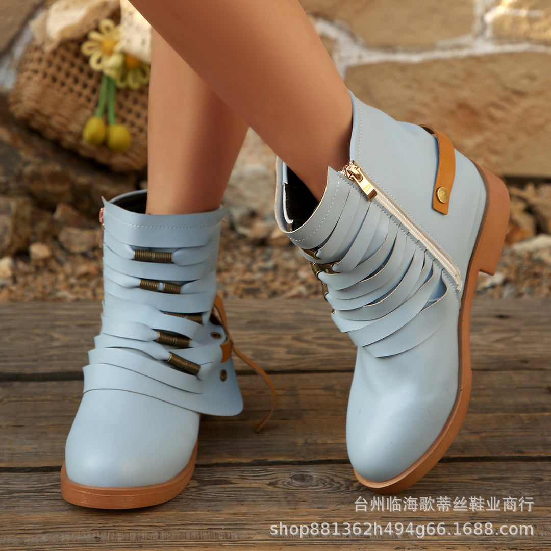 Damen Fransen-Ankle-Boots mit geschichteten Riemen und seitlichem Reißverschluss Shop Nory