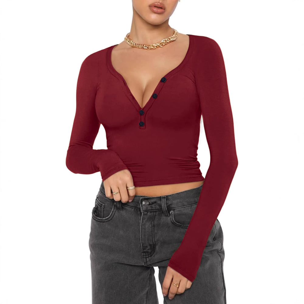 Damen nan figurbetontes geripptes Longsleeve mit Henley-Knopfleiste und tiefem V-Ausschnitt Shop Nory
