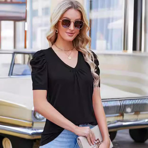 Damen V-Ausschnitt T-Shirt mit Puffärmeln