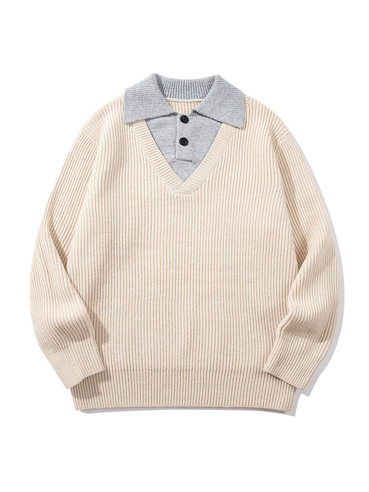 Herren Gerippter Strickpullover mit Polokragen‑Einsatz und tiefem V‑Ausschnitt Shop Nory