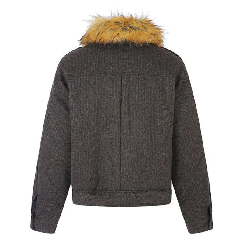 Damen kurz geschnittene wattierte Bomberjacke mit voluminösem Kunstpelzkragen und Taillengürtel Shop Nory