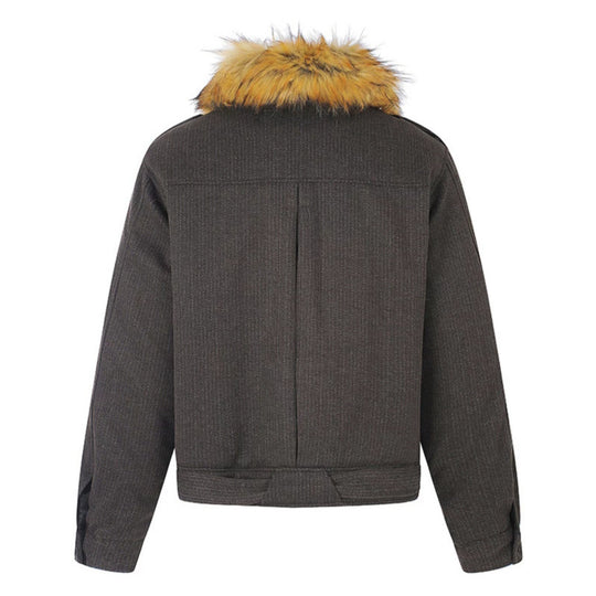 Damen kurz geschnittene wattierte Bomberjacke mit voluminösem Kunstpelzkragen und Taillengürtel Shop Nory