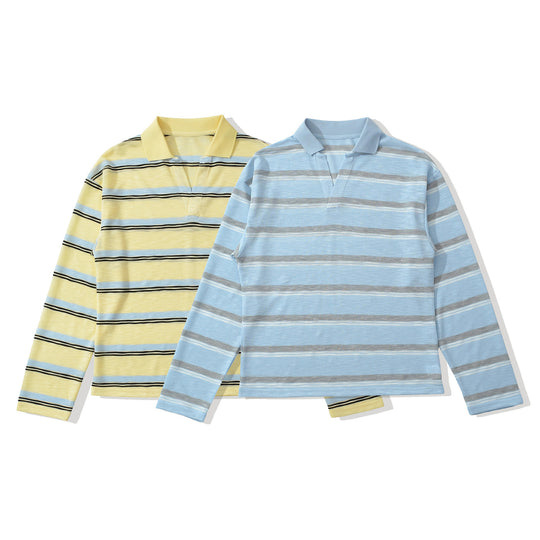 Herren Strick-Poloshirt mit offenem V‑Ausschnitt und feinem Streifenmuster Shop Nory