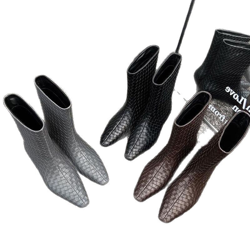 Damen Geflochtene Lederoptik-Midcalf Stiefeletten mit spitzer Zehenform und flachem Absatz Shop Nory