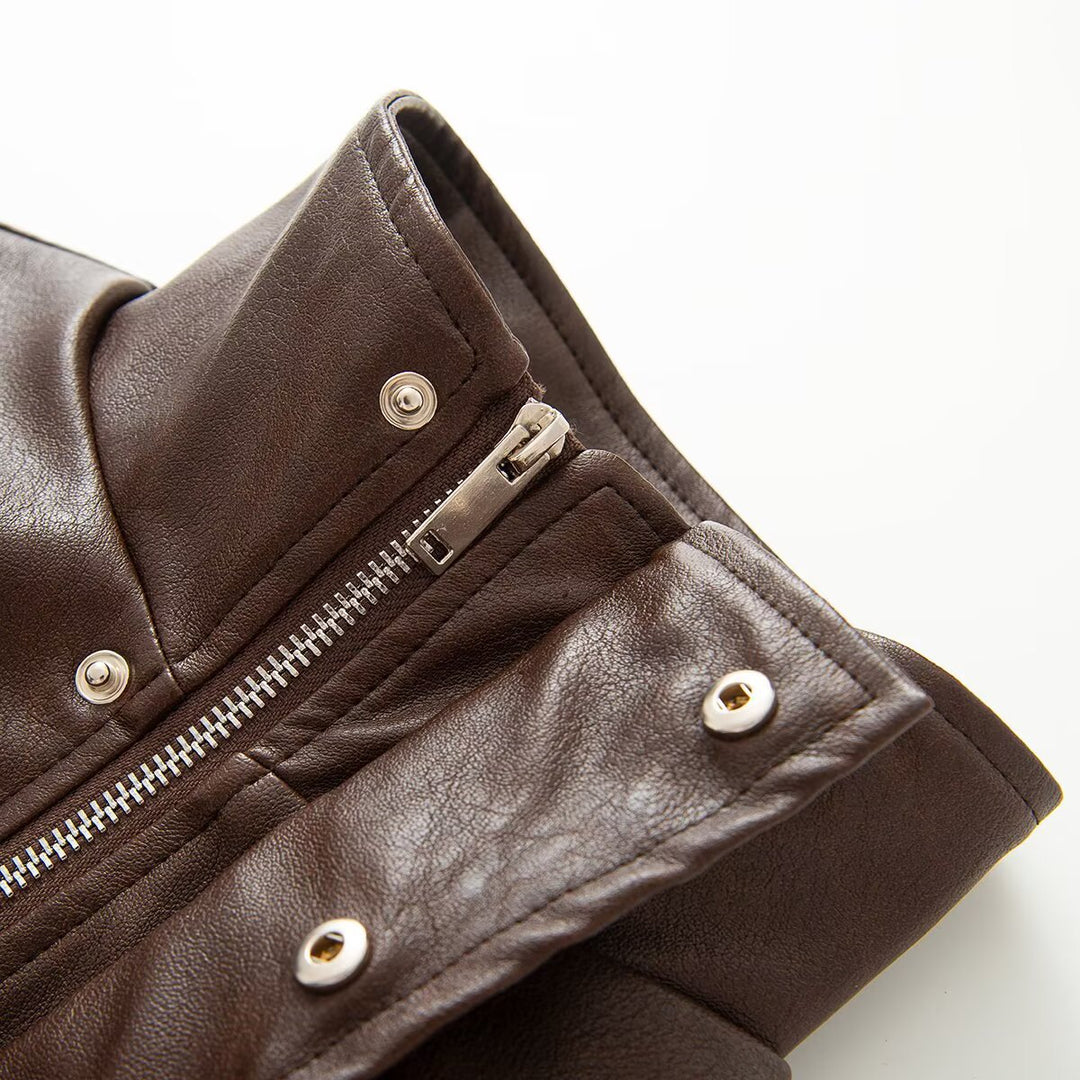 Damen Cropped Lederoptik‑Jacke mit taillierter Korsett‑Teilung und Stehkragen Shop Nory