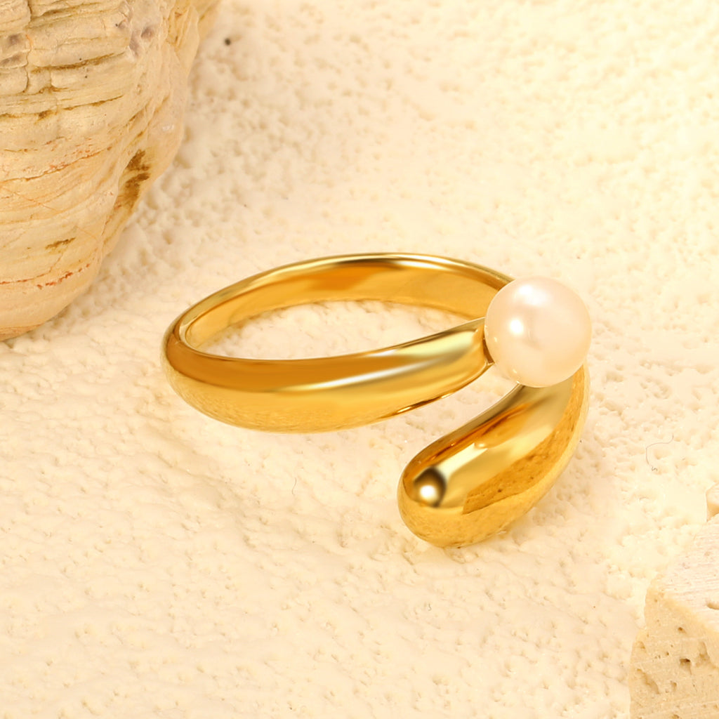 Damen Ring mit elegantem, geschwungenen Design und verstellbarem Perlenanhänger Shop Nory