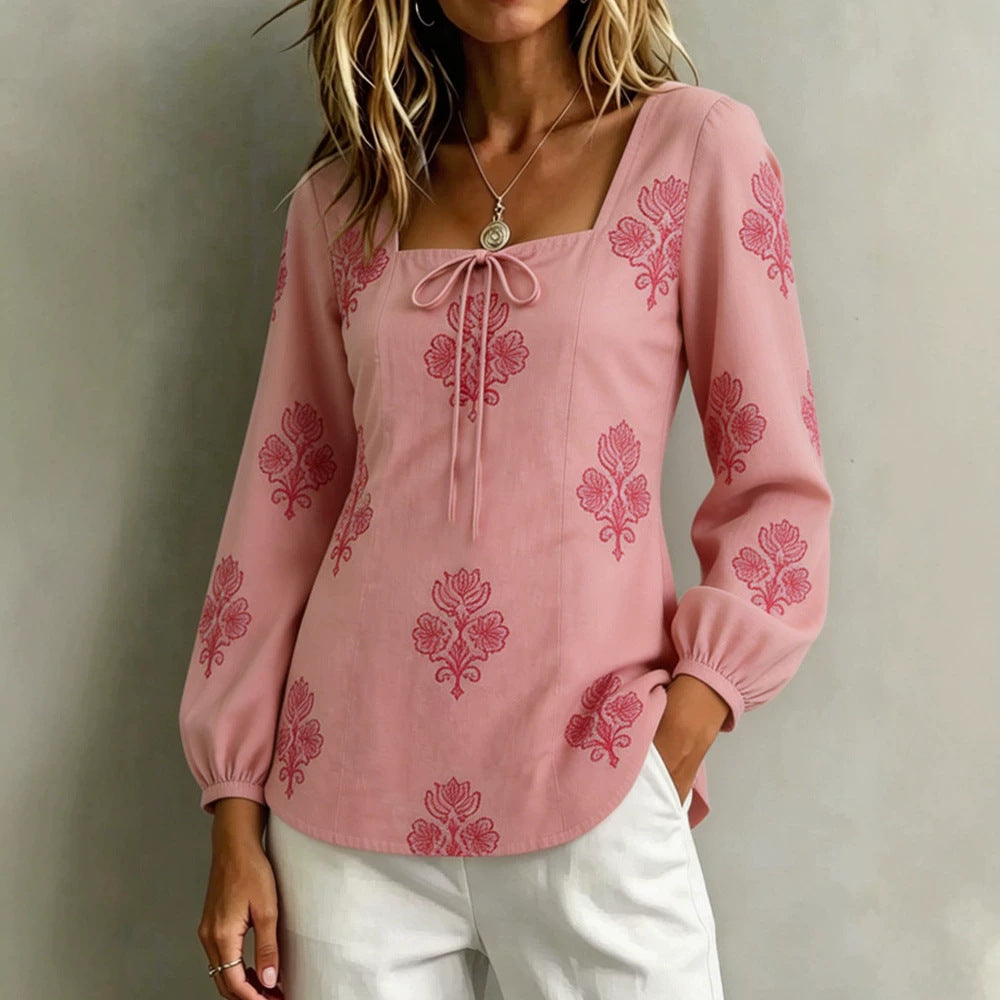 Damen Bestickte Tunika-Bluse mit quadratischem Ausschnitt und femininen Ballonärmeln Shop Nory