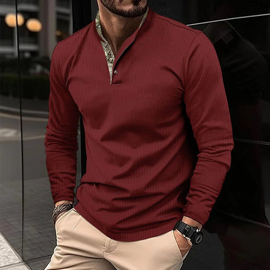 Herren nan langärmliges Henley-Poloshirt mit Stehkragen, feiner Struktur und gemustertem Innenkragen Shop Nory