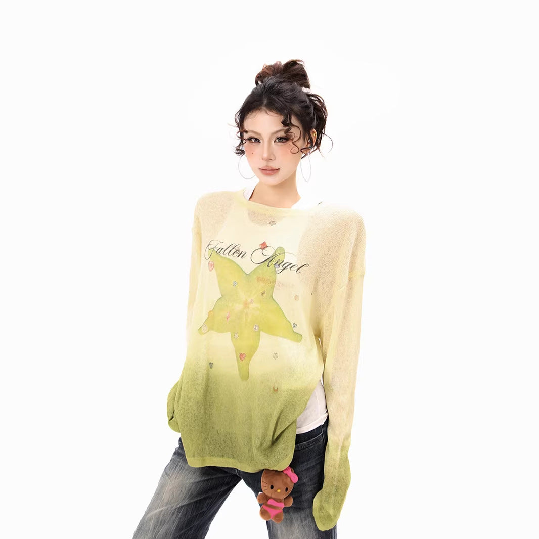 Damen Langarmshirt aus weichem Feinstrick mit Dip-Dye‑Gradient und Sternblüten‑Print Shop Nory