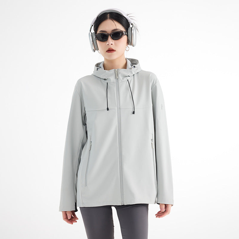 Damen Atmungsaktive Softshell-Regenjacke mit Kapuze, winddicht und minimalistischer Tech-Optik Shop Nory