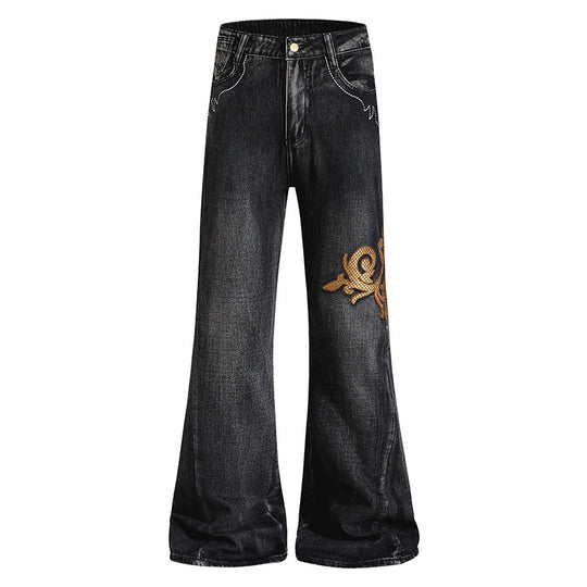 Damen Weite High‑Waist Schlaghose aus Denim mit barocker Stickerei Shop Nory
